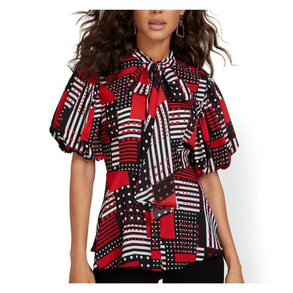 NY&C Peplum Waist Blouse Size XL Red Black Geometric Neck Bow Balloon Sleeve NEW